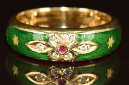 Fabergé by Victor Mayer 18ct gold ring set with enamel, a ruby and diamonds, limited edition 135