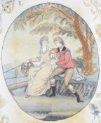 19thC oval embroidery of a young couple with spinning wheel, and oval floral border, height 35cm