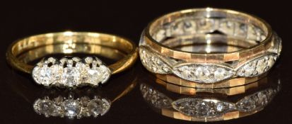An 18ct gold ring set with three diamonds in a platinum setting (1.6g, size K) and a 9ct gold