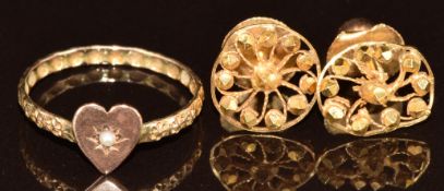 A 9ct gold ring with rose gold heart set with a seed pearl, Chester 1907 (0.8g, size J) and a pair