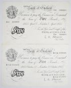 Two Bank of England L.K. O'Brien white £5 banknotes, London, dated April and October 1955. The