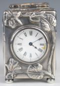 Elkington & Co Art Nouveau hallmarked silver travelling or dressing table clock with embossed floral