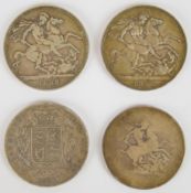 Four George III and Victorian crowns to include 1845, 1889 and 1896, weight of all four 110g