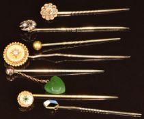Three Victorian stick pins comprising yellow metal set with an old cut diamond (2.2g), 15ct gold