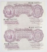 Two consecutive Bank of England K.O. Peppiatt 10 Shillings banknotes, R30D prefix. Both are clean
