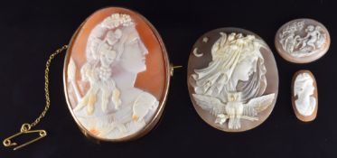 Victorian yellow metal brooch set with a cameo depicting a young woman, and three further