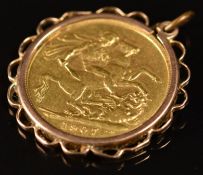 1907 gold full sovereign in 9ct gold pendant mount, 9.5g