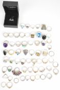 Sixty two silver rings including amethyst, hematite, garnet, lace agate, labradorite, emerald,