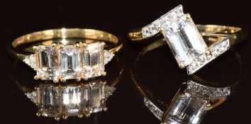 Two 9ct gold rings, one set with morganite and diamonds and the other morganite and topaz, 4.9g,