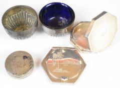 Two hallmarked silver salts, one with blue glass liner, Art Deco style hallmarked silver compact,