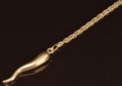 A 9ct gold pendant in the form of a chilli (3cm) on 9ct gold chain, 3g, 52cm