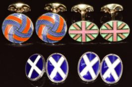 Three pairs of silver cufflinks set with enamel, comprising two pairs by Deakin & Francis and one