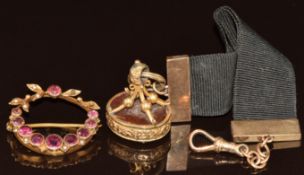 Art Deco cocktail watch strap with 9ct gold fittings, Victorian fob set with agate and an