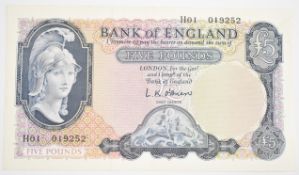 Bank of England L.K. O'Brien Helmeted Britannia (July 1961) issue £5 banknote. One central fold,