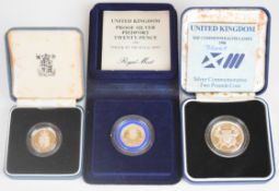 Three Royal Mint cased proof silver coins comprising 1986 Commonwealth Games £2, 1982 Piedfort 20p