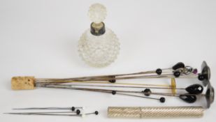 A pair of Alpaca hat pins set with abalone, two Charles Horner silver hat pins, enamel hat pin,