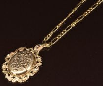 A 9ct gold locket with engraved floral decoration and floral border (2.7 x 3.4cm) on 9ct gold curb