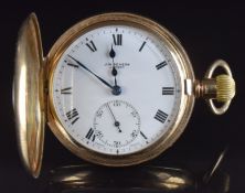 J W Benson 9ct gold keyless winding half hunter pocket watch with subsidiary seconds dial, blued