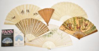 Collection of 19thC lace and fretwork fans with bone guard sticks, some hand decorated, tallest