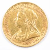 1893 Queen Victoria gold full sovereign with veiled head and Melbourne mint mark