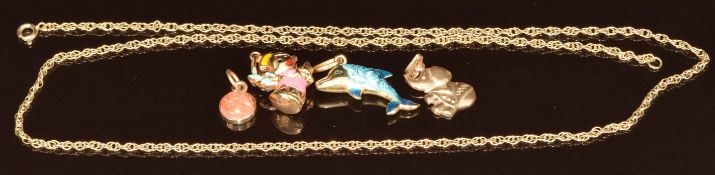 A 9ct gold chain and four 9ct gold charms / pendants, two set with enamel and one coral, 6.7g