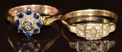 A 9ct gold ring set with a diamond surrounded by sapphires and a 9ct gold ring set with paste, 5.8g,