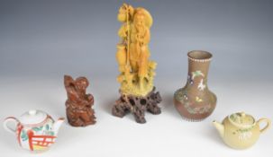 Chinese and Japanese ceramics, carved wood and soapstone figures including enamelled / jewelled