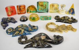Fifteen mid-century modern Lucite / acrylic plaques, paperweights and displays of sea life including