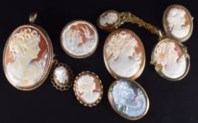 Six 9ct gold brooches/ pendants, five set with shell cameos and one abalone, all depicting young