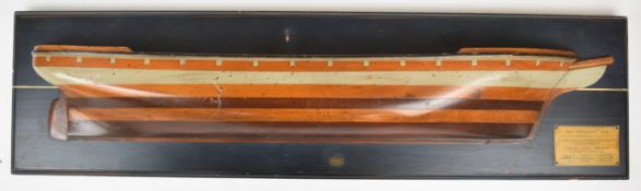 19th century style teak and mahogany half hull builder's model of the ship 'Argonaut 1876'.