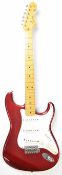 Fender Stratocaster JV Series electric guitar in Candy Apple red finish with maple neck, black