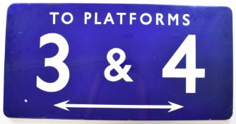 British Railways Eastern Region vintage enamel To Platforms 3 & 4 station sign, with double ended