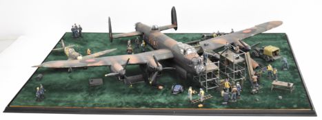 WW2 RAF Lancaster bomber 1:32 scale kit built diorama including Spitfire, MG car, aircrew etc,