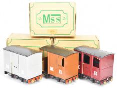 Three Mamod live steam garden railway wagons and carriages comprising guard's van, passenger coach