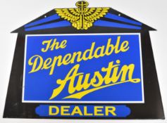The Dependable Austin Dealer double sided reproduction vintage car interest enamel sign, marked to