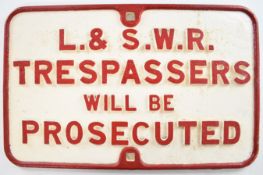 London & South Western Railway vintage trespass cast iron sign, 40 x 64cm