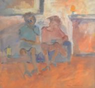 Sue Atkinson (1949-2021) 'Coffee Morning' gouache of two figures sitting beside a coffee pot, signed