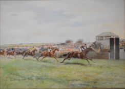John Beer (1860-1930) watercolour horseracing scene 'Spearmint Wins, The Finish for the Derby 1906',