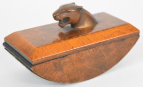 Jaguar burr walnut desk blotter with jaguar head finial or handle, length 14.5cm