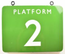 British Railways double sided Southern Region vintage enamel Platform 2 station sign with hanging