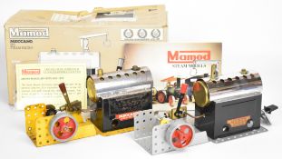 Two Meccano Mamod SP3 live steam engines with single reversing oscillating cylinder, one in original