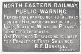 North Eastern Railway vintage Dunnell trespass cast iron sign, 61 x 91cm