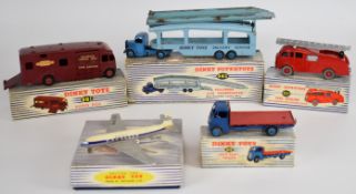 Five Dinky Toys diecast model trucks and planes comprising Guy Flat Truck 512, DH Comet Airliner