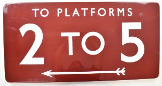 British Railways Midland Region vintage enamel To Platforms 2 to 5 station sign, with arrow left