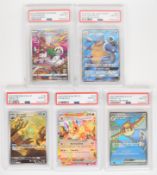 Five Pokémon PSA graded trading cards comprising 'Blastoise' Sun & Moon GX 057/054, 'Oranguru'