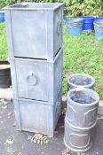 Group of three square galvanised metal planters with ring handles, 40cm, together with four