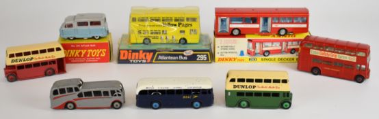 Eight Dinky Toys diecast model buses to include Single Decker 283, Atlas 295 and Atlantean 295, some