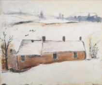 Attributed to Peter Brook (1927-2009) gouache of a cottage in snowy landscape, 30.5 x 36cm, in