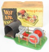 Davies Charlton hot air or Stirling cycle engine, driving twin flywheels, with meths burner and