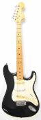 CSL Stratocaster style electric guitar in black finish with maple neck, black inlays and single coil